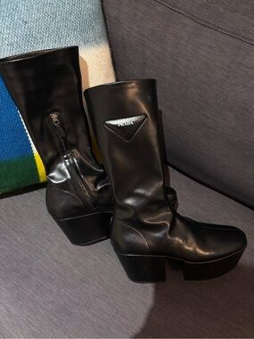 Prada Black Leather Platform Mid-Calf Boots